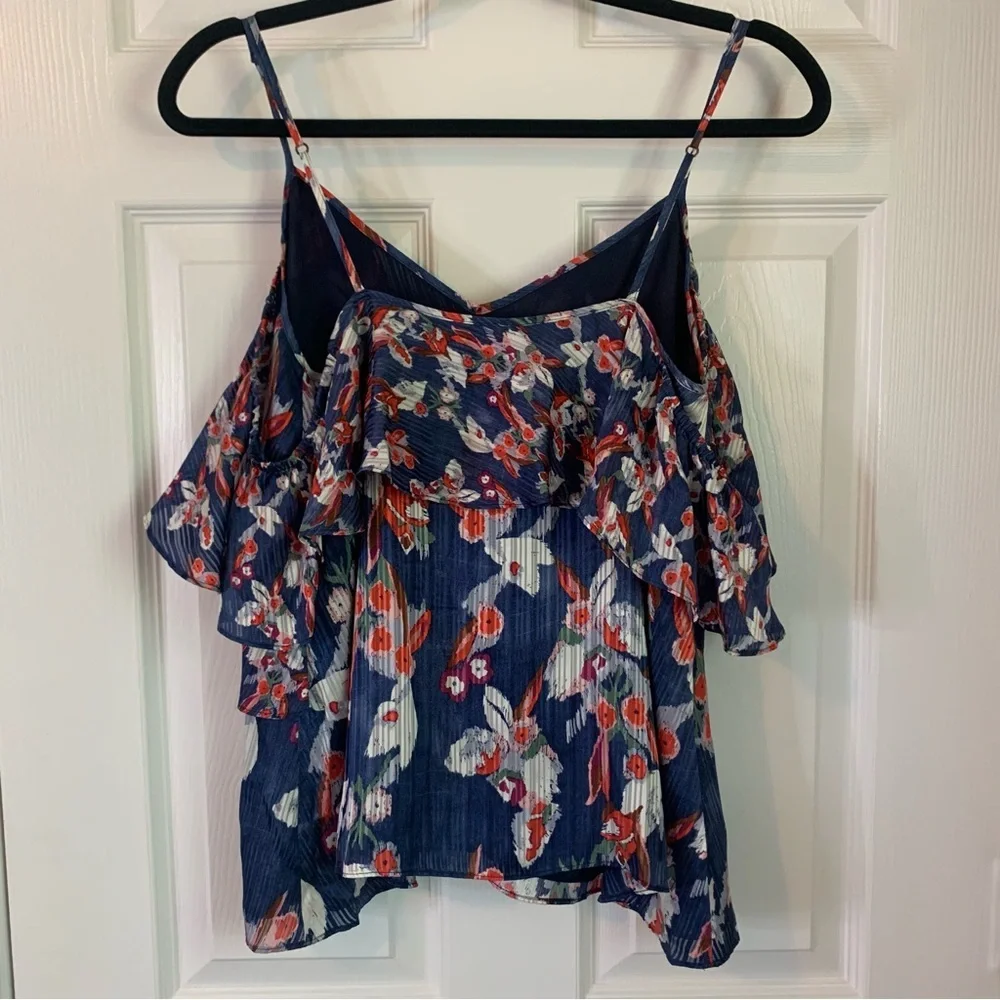 Tanya Taylor Navy Floral Cold-Shoulder Ruffle Silk Blouse, size 2 - Picture 10 of 11